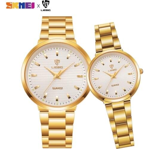 Luxury Couple Watch Quartz Wrist Watches Golden Fashion Stainless Steel Lovers Watch For Women & Men Analog Wristwatch L1012