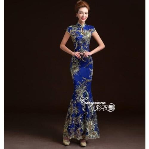 Sapphire Lace Bride Wedding Qipao Women Antique Dresses Cheongsam