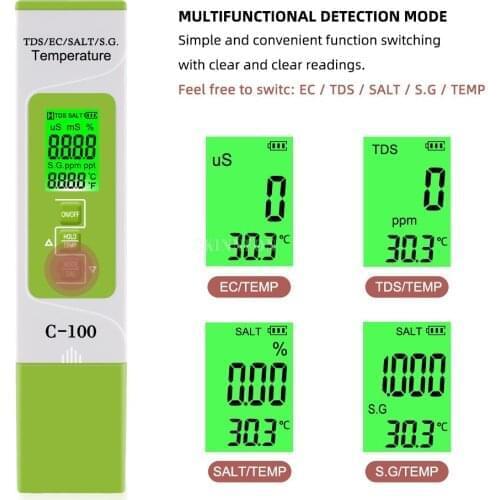 50Pcs/Lot PH Tester C-100 5 in 1 Salinity TDS EC Seawater Tester Multifunction Water Quality Tester Backlight PH Measuring Tool
