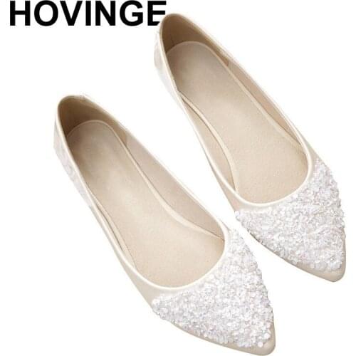 HOVINGE ladies 10 size 41 11 flats rhinestone patent leather women dress shoes cheap party large diamond wedding crystal pointed
