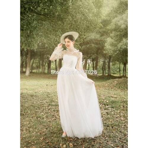High Neck Tulle Outdoor Photography Bride Bohemian Chic Ancient Vintage Floor Length Ball Gown
