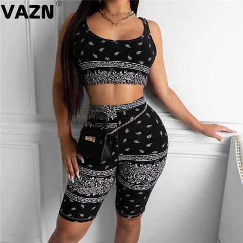VAZN 2020 Hot High Street 4 Color Energy Soft Hollow Out Sexy Yong Mini Tank Top Group Knee Length Slim Women 2 Piece Set