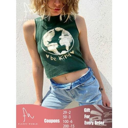 2021 Summer Vintage Crop Tops Y2K Vintage Printed Streetwear White Round Neck Crop Sleeveless Tanks Sleeveless TanksFLUFFY WORLD