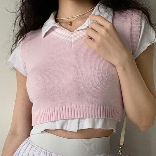 TVVOVVIN Fashion Trend Sleeveless V-neck Slim All-match Crochet Sweater Vest Spring Preppy Style Striped Crop Top Women 9FQ0