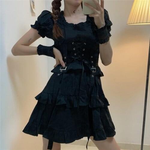 Womens Gothic Lolita Dress Gothic Punk Mall Goth Kawaii Cute Ruffle Bandage Black Mini Dress 2021 Emo Clothes Summer