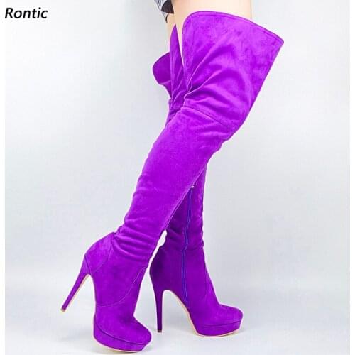 Rontic New Women Winter Platform Thigh Boots Unisex Sexy Stiletto Heels Round Toe Pretty Purple Fuchsia Party Shoes US Size 5-20