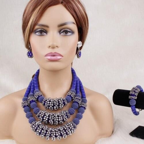 Dudo Dark Blue Jewelry Set For African Women 3 Layers Bold Jewellery Set 3 Pcs Earrings Bracelet and necklace Set Crystal Beaded