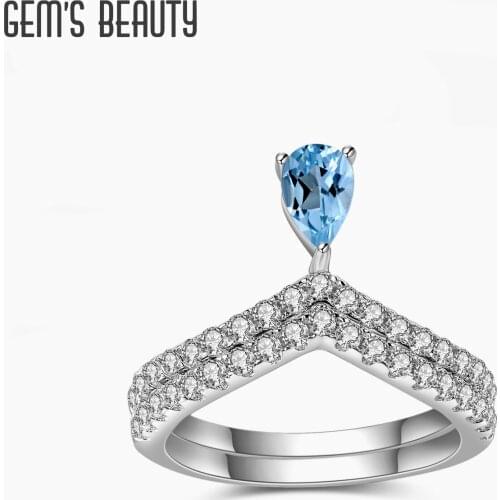 GEMS BEAUTY 925 Sterling Silver Handmade Stacking Finger Ring For Women Chevron V Band Rings with Natural Swiss Blue Topaz