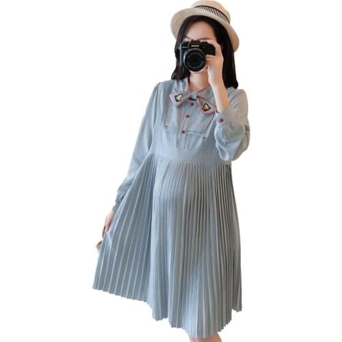 Bow Tie Patchwork Long Sleeve Women Dress Pregnancy Clothes Maternity Dresses Maternity Long Dresses Clothes Women Vestido