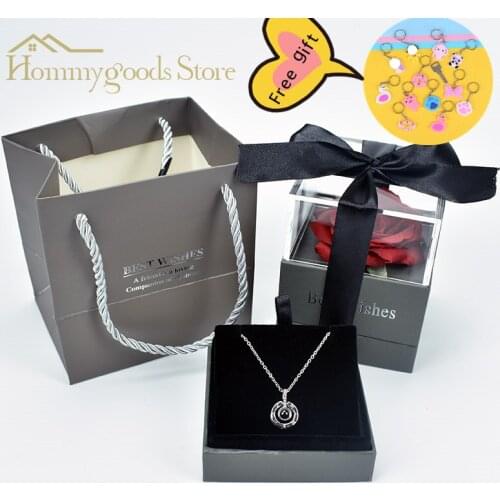2021 Mothers Day Flower Rose Jewelry Box Rose with 100 languages I love you Necklace flower box gift For Valentines Day Gift