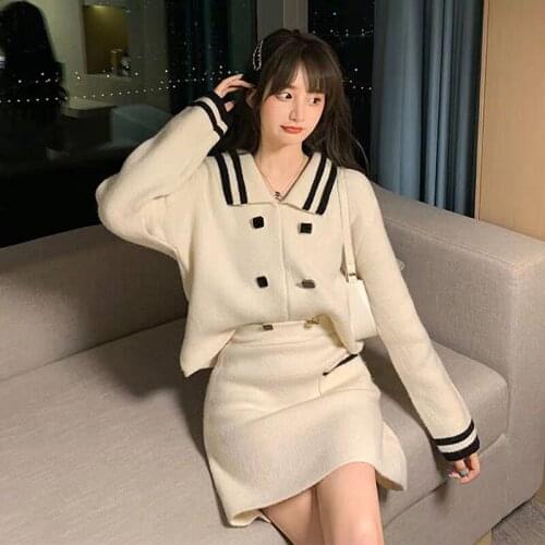 2021 women striped knitted two pieces suit pullover and skirt set sweater long sleeve turn down collar 2pcs