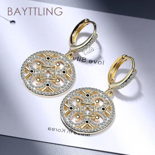 BAYTTLING 35MM 925 Sterling Silver Gold/Silver Fine Hollow Round Zircon Drop Earrings For Woman Fashion Glamour Wedding Jewelry