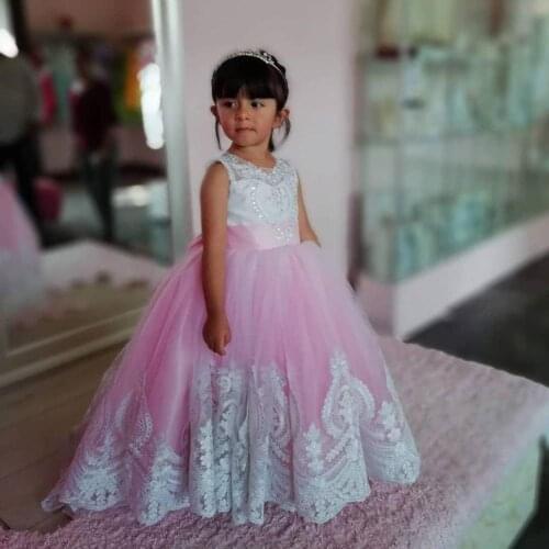 Custom Flower Girl Dress for Wedding Party White Lace Beading Applique Sheer Neck Girls Communion Gown Pageant Party Dress