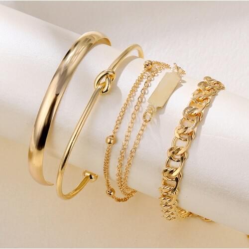 VKME 4 Pcs/Set Punk Gold Layered Chain Cuban Bracelets For Women Knot Cuff Bangles Adjustable Bohemian Luxury Bracelet Jewelry