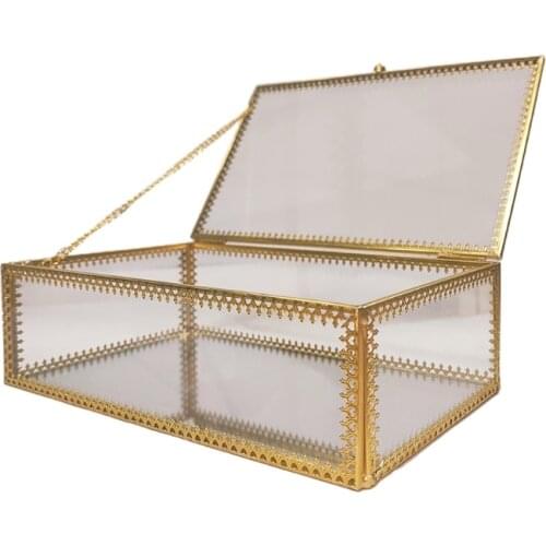 Ornate Gold Brass Vintage Glass Jewelry Box Lace Edged- Rectangle Geometric Jewelry Display Organizer Keepsake Box Case Box