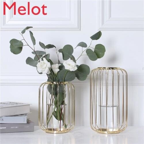 European-Style Simple Hydroponic Transparent Glass Metal Vase Modern Light Luxury Living Room Golden Vase Home Decoration
