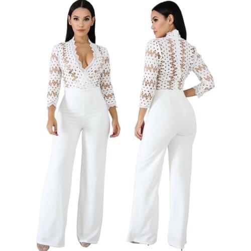 Lace Crochet Patchwork Loose Jumpsuit Solid White Women Sexy V Neck 3/4 Sleeve High Waist Skinny Back Zipper Wide Leg Long Pants