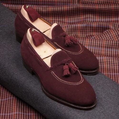 Mens Suede Shoes Low-heel Dress Shoes Spring Burgundy Tassel Moccasin Shoes Retro Classic Men Casual Zapatillas Hombre XM143