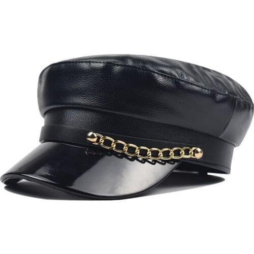 2020 New Autumn And Winter Wild British Retro Black Beret Pu Leather Octagonal Hat Female Casual Student Fashion Leather Hat