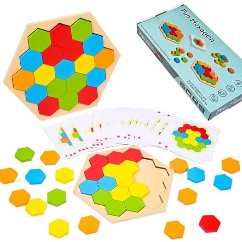 Kids Color Matching Game Puzzle Toy Colorful Montessori Wooden Hexagon Geometry Logic Game Jigsaw Sensory Gift Toys For Toddlers