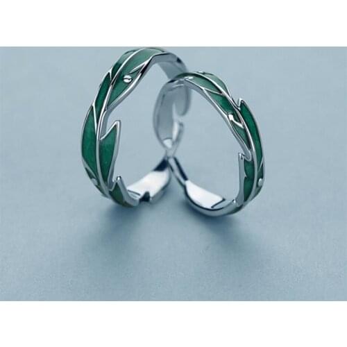 Sole Memory Rainforest Plantain Leaves Green Cool Sweet Romantic 925 Sterling Silver Female Resizable Opening Rings SRI414