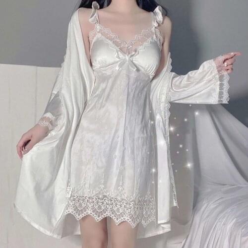 QWEEK Sexy Exotic Dresses Robe Set Woman 2 Pieces Silk Sleepwear Lace Embroidery Sleepwear White Fairy Dress Summer Nightgown