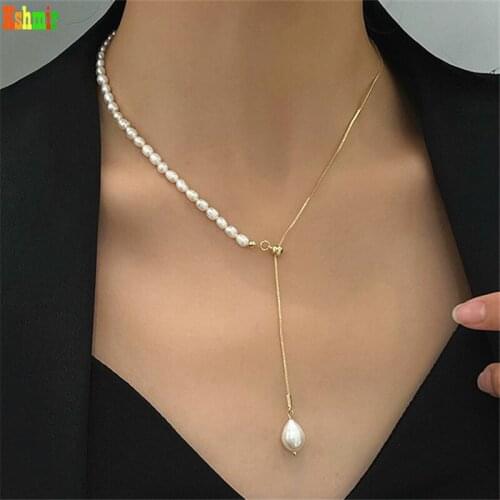 Kshmir Irregular freshwater pearl adjustable pull necklace clavicle chain fashion metal chain temperament necklace 2021