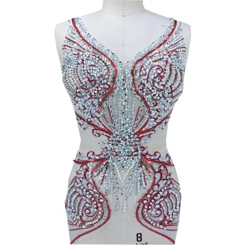 Hand made silver/red Sew on rhinestones applique on white mesh trim crystals patches 70*34cm for dress accessory