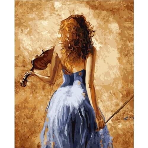 Hand Painted Portrait Oil Painting Woman Playing Violin Modern Wall Art Canvas Painting for Home Decor Christmas Gift Vertical