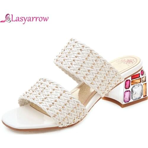 Lasyarrow Women 2019 Summer Plus Size 33-46 Hollow Thick High Heels Slippers Women Slip On Casual Cane Sandals Shoes Woman J889