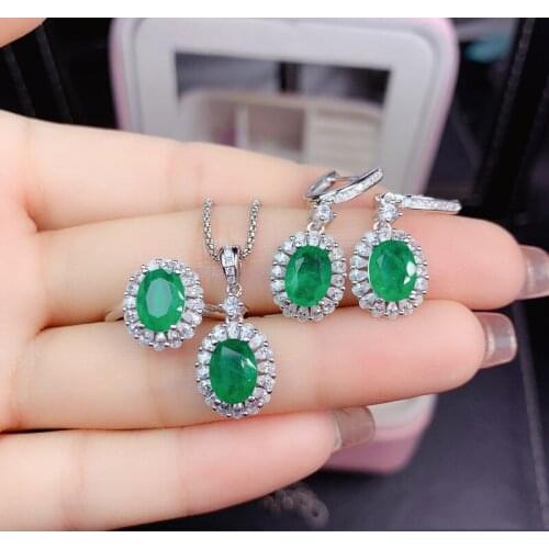 Emerald Earring and Ring Neckle for Womens True 925 Sterling Silver Green Stone Wedding Jewelry Set