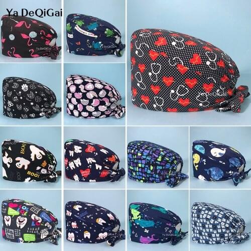High Quality Unisex multicolor scrubs hats cotton tooth printing hats sweat-absorbent Adjustable Elastic scrubs caps adjustable
