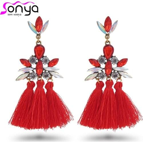 Rhinestone Crystal Stud Women Dangle Earrings kolczyki Thread Fringed Statment pendientes mujer moda Boho Jewelry 3J2034