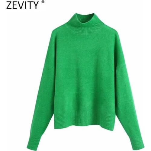 Zevity Women Simply Mock Neck Solid Green Color Casual Knitting Sweater Female Chic Basic Long Sleeve Pullovers Brand Tops SW900