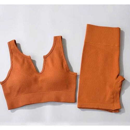 Womens Ribbed Yoga Clothing Workout Set 2-Piece Seamless High Waist Shorts Sports Bra Cropped Top Fitness Set