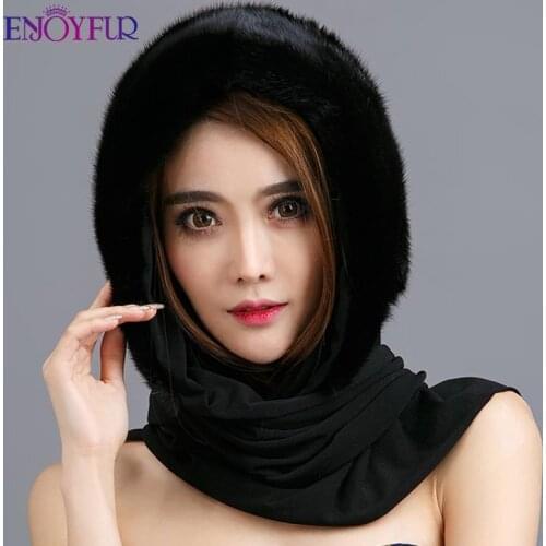 ENJOYFUR Natural Real Mink Fur Hat Scarf Elegant Warm Winter Hats For Women Classical Russian Style Quality Fur Female Beanies
