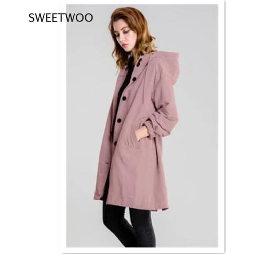 2021 Womens Loose Button Casual Windbreaker Jacket Hooded Waist Long Windbreaker Long Sleeve Windproof and Waterproof Jacket