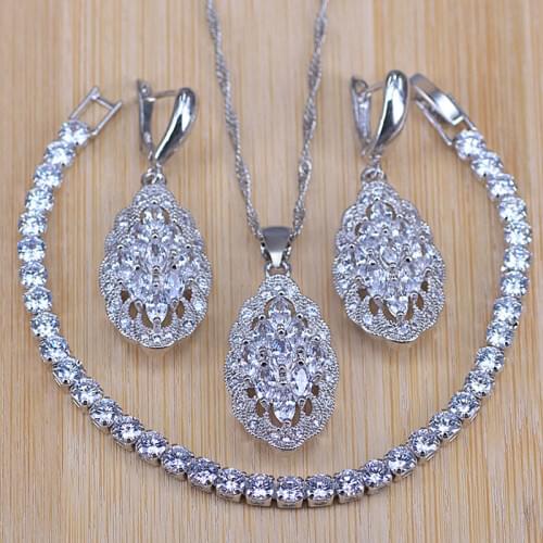 Promotion White Cubic Zircnoia Silver Color Bridal Jewelry Sets For Women Bracelet Earrings Necklace Pendant