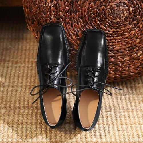 EGTPINAOP Genuine Cow Leather Loafers Ladies Shoes French Retro Square Head Deep Mouth Shoes Colorblock Lace-Up Handmade