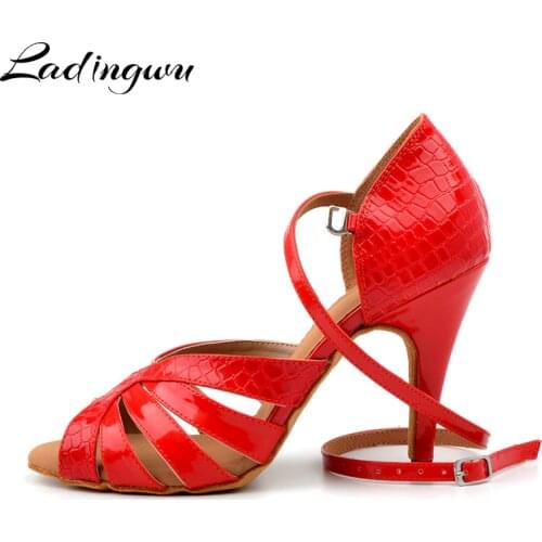 Ladingwu New Crocodile texture PU Latin Dance Shoes Salsa Woman Black/Red Soft Bottom Ballroom Dance Sandals High Heel Shoes