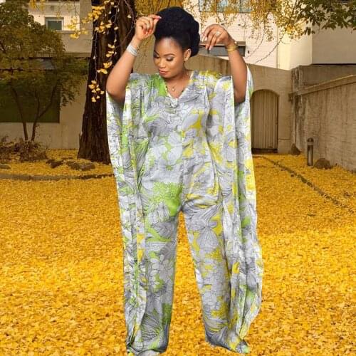 2021 Rompers Women African Fashion Long Bat Sleeve V-collar Party Elegance Wide Leg Female Jumpsuit Party Playsuits With Sashes