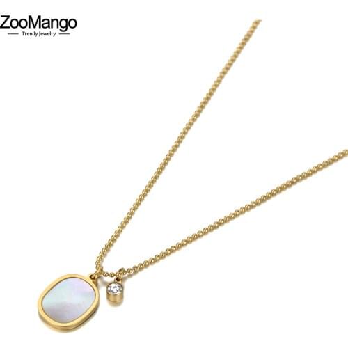 ZooMango 14K Gold Shell Oval Tag CZ Crystal Charm Pendant Necklaces For Women Trendy Stainless Steel Choker Necklace ZN20174