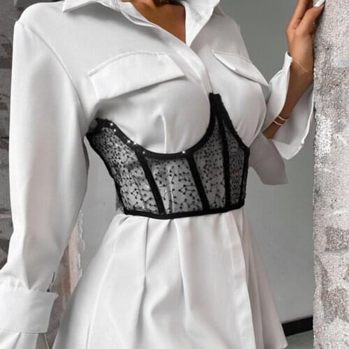 Women See Through Mesh Push Up Bustier Corset Boned Overbust Waist Cincher Wide Belt Waist Cincher Belt Waist Cincher