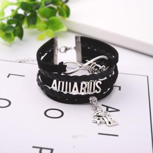 12 Zodiac Constellation Sign Punk Black Button Braided Leather Bracelet for Men Women Leo Virgo Libra Jewelry знаки зодиака