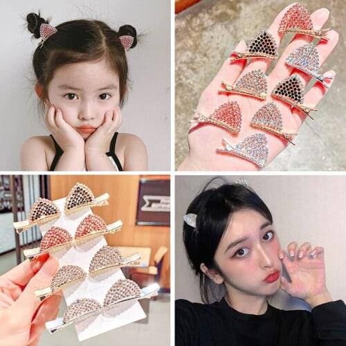 2Pcs Set Cute Crystal Cat Ears Hair Clip For Baby Girl Womens Glitter Hairpin Gift Kids Hair Accessories Fashion Side Clip 2021