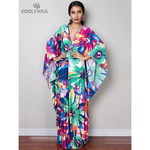 2021 Print Cover-ups Sexy Deep V-neck Summer Beach Dress Tunic Kaftan Women Beachwear Swimsuit Cover Up Robe de plage Q1289