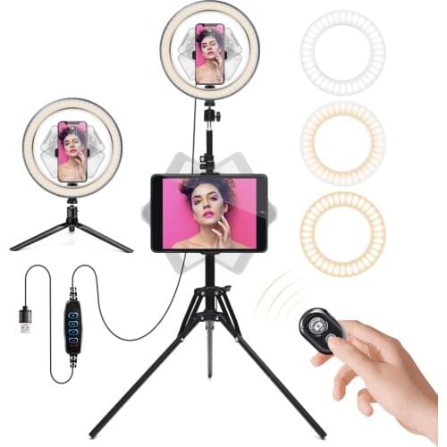 26cm/10 Inch LED Ring Light 3 Colors 10 Levels Dimmable 3200-5600K Ring Selfie Light with Tripods Phone and Tablet Holders