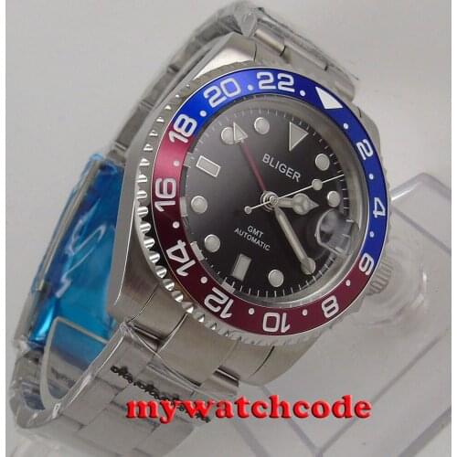 40mm bliger black dial GMT red blue Bezel date automatic mens watch P443