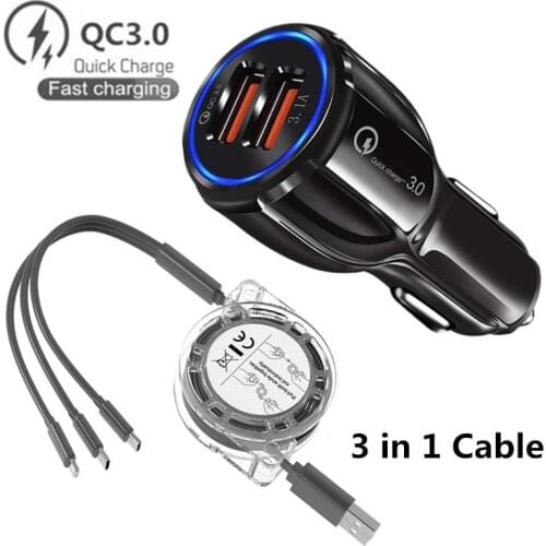 Dual USB Car Charger Cigarette Socket Lighter Fast Charger Power USB Adapter 3 in 1 USB C Cable for iphone Samsung Xiaomi huawei
