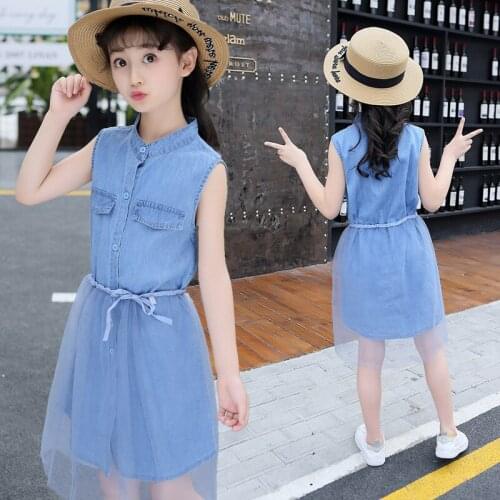 Childrens Clothing 2020 Summer New Cotton Girls Dress Sleeveless Lace Denim Dress